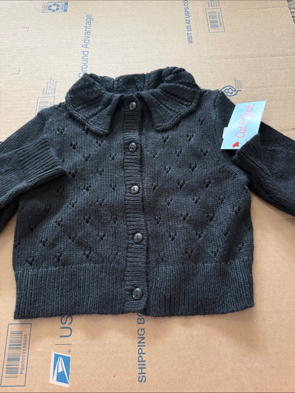 Cat & Jack Black Knit Button-Front Cardigan with Ruffled Collar
